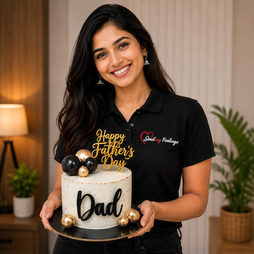 Best Dad Luxury Cake featuring a 1/2 kg fruit cake with elegant black acrylic DAD tag and premium Fathers Day decoration by Send My Feelings.