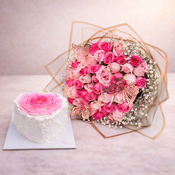 Blooming Hearts Surprise combo with strawberry cake and pink rose bouquet in Korean wrapping