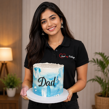 Blue Bliss for Dad Cake featuring a 1/2 kg blueberry cake with elegant blue and white designer finish and black acrylic Dad tag by Send My Feelings.