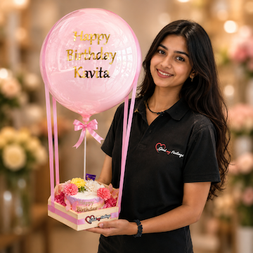 Blush Bloom Birthday Basket with personalized pink balloon and cake by Send My Feelings