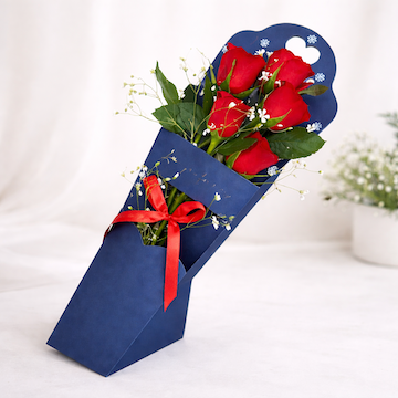 Classic Red Rose Sleeve with five red roses in navy blue wrapping