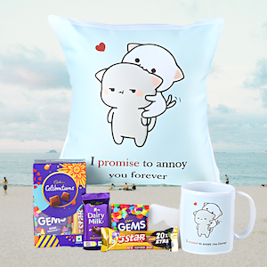 Sweet Promise cushion and mug combo gift hamper with chocolates for couples