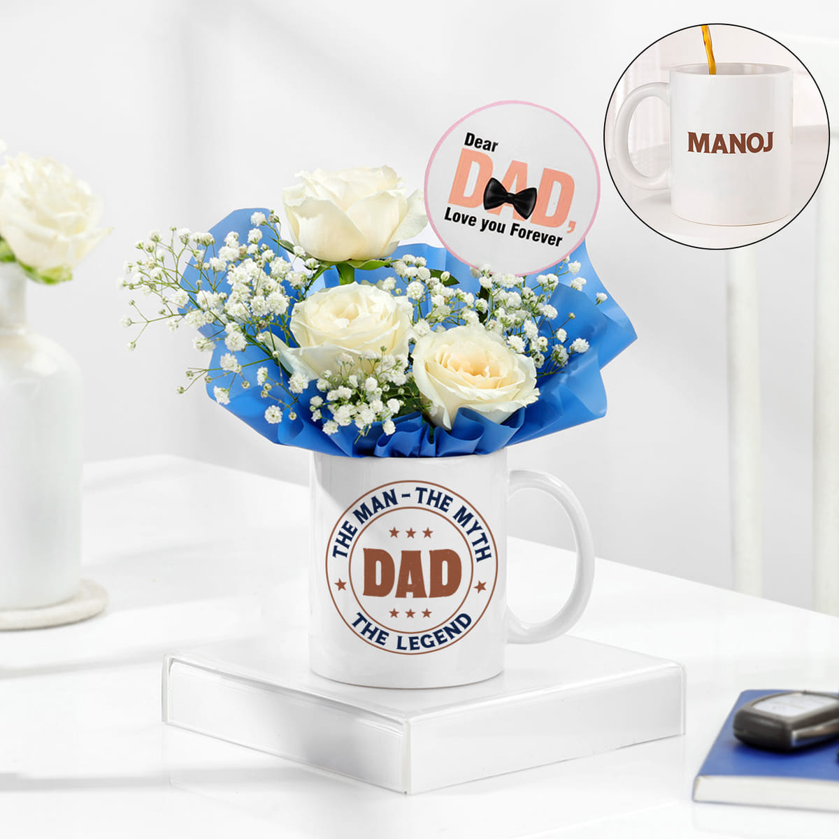 Dad Forever Rose Mug featuring a personalized dad theme ceramic mug with white roses, baby’s breath flowers and premium blue wrapping by Send My Feelings.