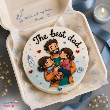 addy and Daughters Bento Cake featuring a 350 g red vanilla cake with paper cutout of two girls and their dad, heart decorations and premium bento finish by Send My Feelings.