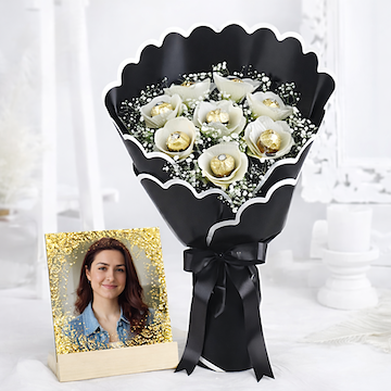 Ferrero Rocher chocolate bouquet in black wrap with personalised wooden photo frame gift combo