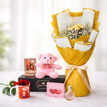 Golden romantic gift combo with Ferrero bouquet, teddy, personalised photo frame, proposal mug and rose