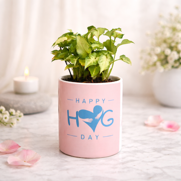 syngonium indoor plant in pink happy hug day printed ceramic mug planter, cute green gift for hug day and romantic occasions by Send My Feelings