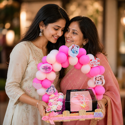 Pink Mother’s Day hamper with balloon arch, cake and fresh flowers in tray gifted to mom