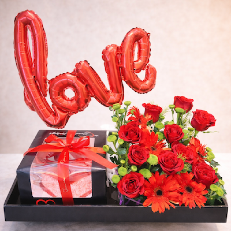 Blooming Love in Red romantic hamper with red theme and love foil balloon