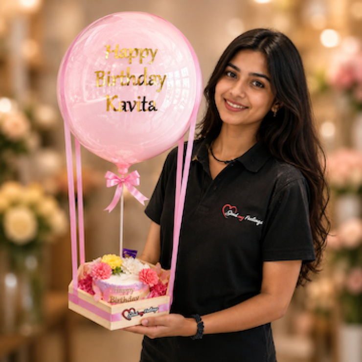 Blush Bloom Birthday Basket with personalized pink balloon and cake by Send My Feelings