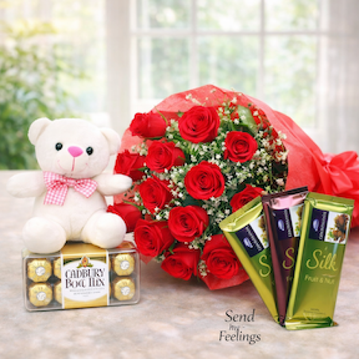 12 red roses bouquet with teddy bear, Ferrero Rocher, and Cadbury Silk chocolates