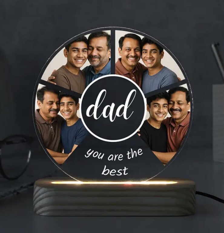 Dad Memories Acrylic Lamp featuring a personalized photo collage engraved on a 4x8 acrylic panel with warm LED wooden base by Send My Feelings.