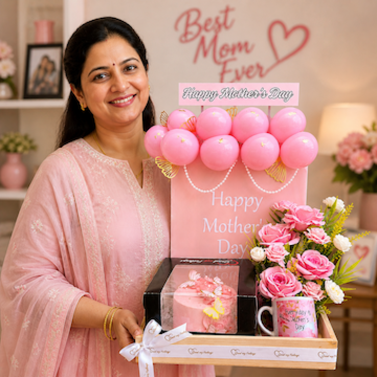 Forever Mom Celebration Hamper with pink cake, flowers and mug for Mother’s Day gift