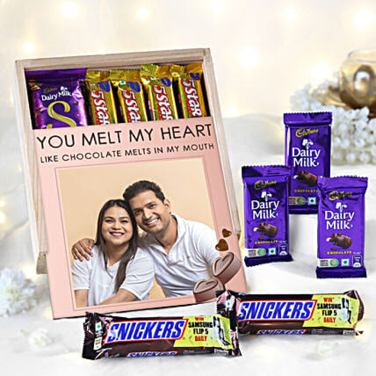 Heart Melting Surprise Box with personalized photo MDF lid and assorted chocolates including Silk, Dairy Milk, 5 Star and Snickers
