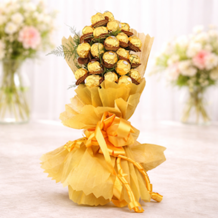 Ferrero Rocher chocolate bouquet wrapped in golden tissue with luxury presentation