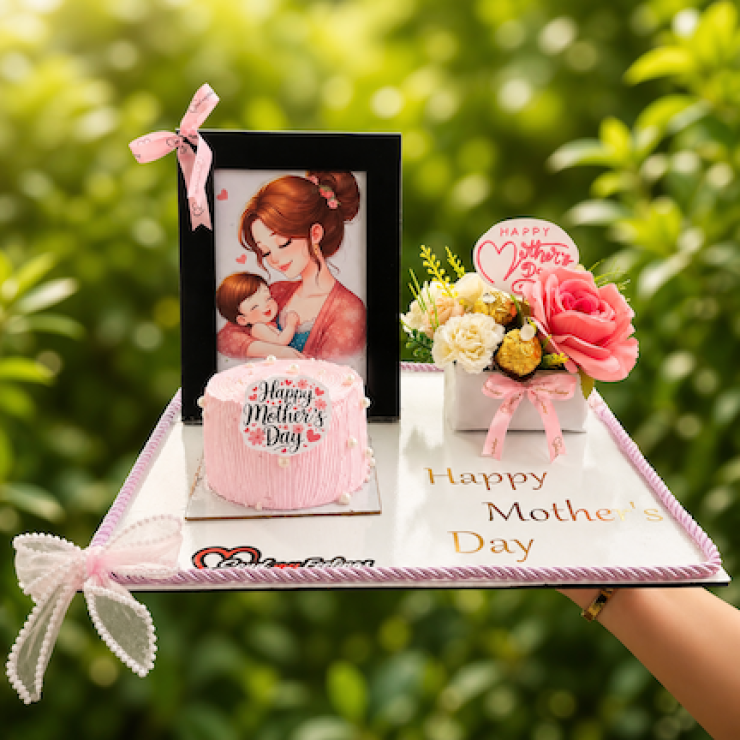 Mother’s Day acrylic tray gift with mini cake, photo frame, ferrero chocolates and flowers