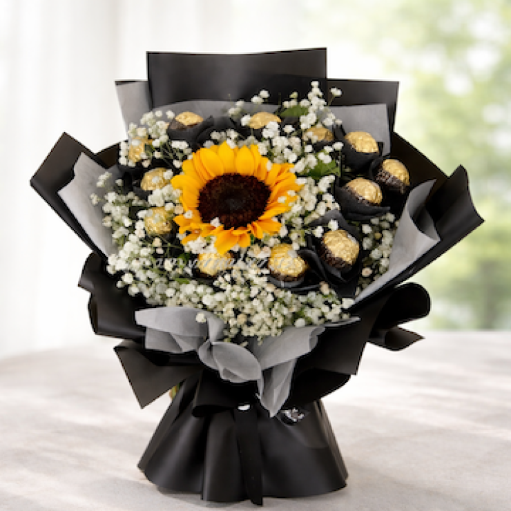 Ferrero Rocher chocolate bouquet with sunflower and baby’s breath in black wrap