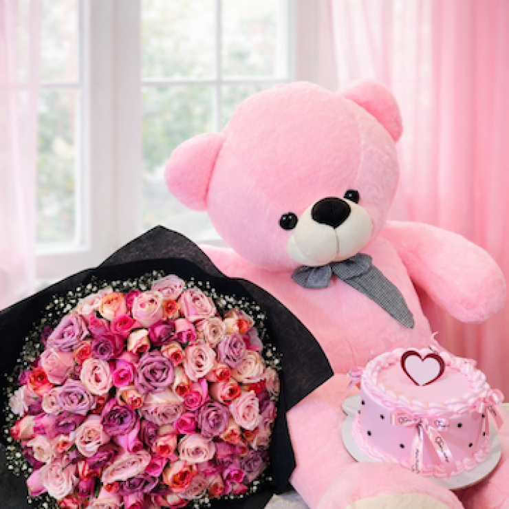 4 ft pink teddy with strawberry cake and mixed rose bouquet wrapped in black paper