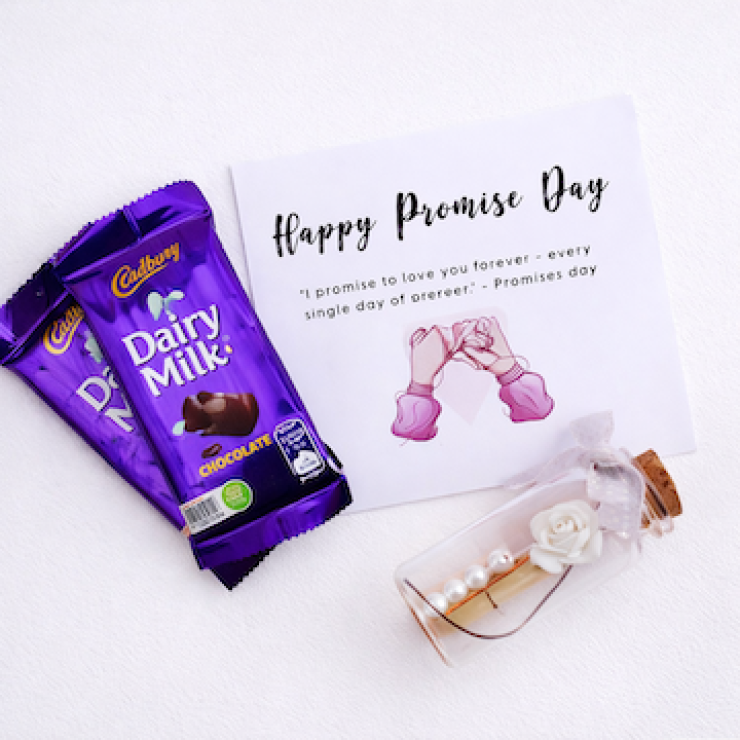 Dairy Milk chocolates with Promise Day card and personalized wish bottle, small romantic gift combo for Promise Day by Send My Feelings