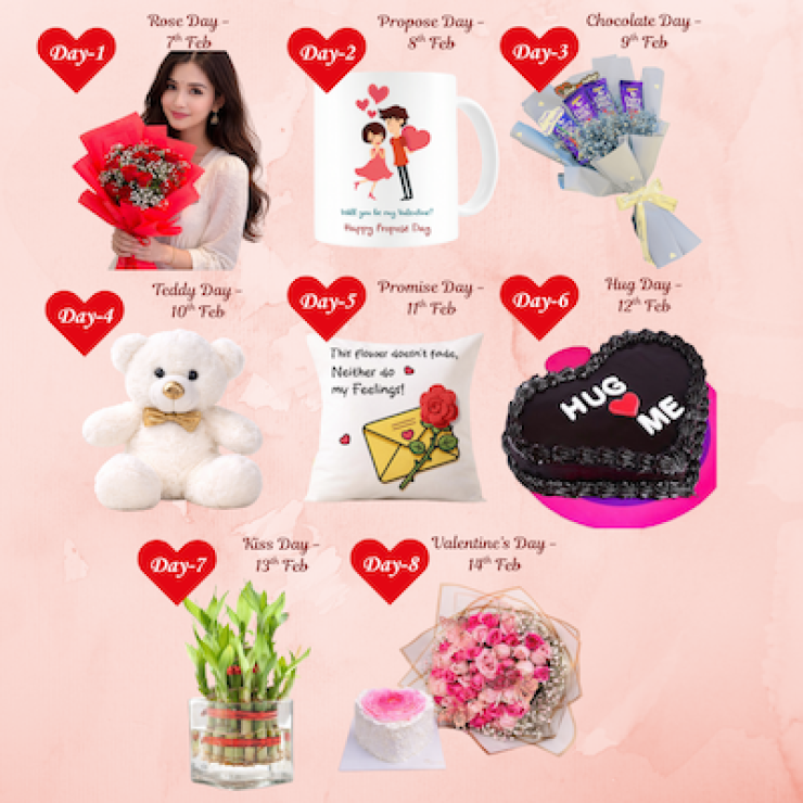 8 day Valentine week gift combo with roses bouquet, chocolates, mug, teddy, cushion, cake, bamboo plant and grand 50 roses bouquet