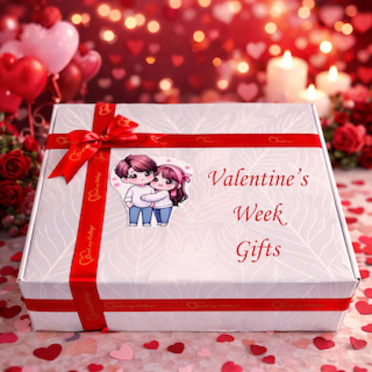 Valentine gift hamper box with teddy, pendant, cards, LED lights and romantic keepsakes