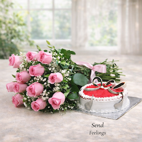 Bouquet of 12 pink roses with strawberry cake romantic gift combo