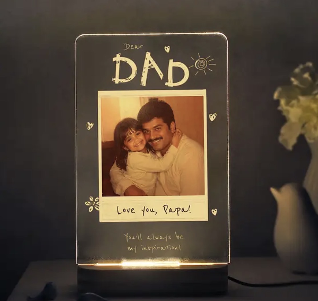 Love You Papa Acrylic Lamp featuring a personalized father-child photo on an illuminated acrylic panel with warm LED wooden base by Send My Feelings.