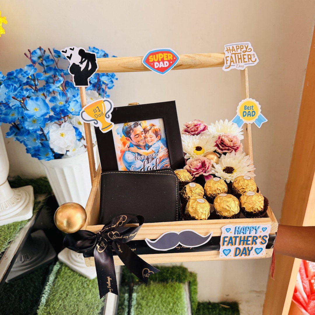 Premium Father's Day wooden crate hamper with personalized photo frame, men's wallet, Ferrero Rocher chocolates, flowers, and Father's Day decorations by Send My Feelings.