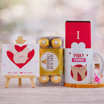 ferrero rocher chocolate box with pinky promise mug, we are together tabletop, wishing bottle and love note romantic gift combo by Send My Feelings