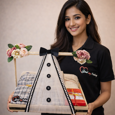 Signature attire tray for men with coat theme, pearls and floral decor for wedding gifting