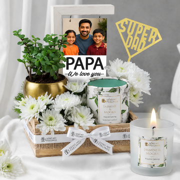 Super Dad Serenity Hamper featuring a personalized photo frame, jade plant, jasmine mogra scented candle, white chrysanthemums and wooden tray arrangement by Send My Feelings.